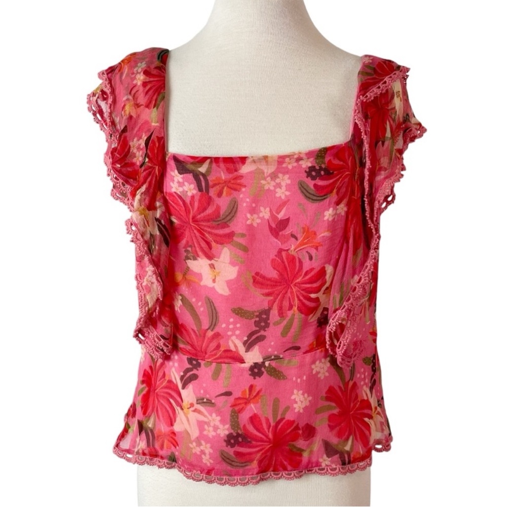 FARM Rio Pink Red Floral Ruffle Square-Neck Blouse - Picture 5 of 15